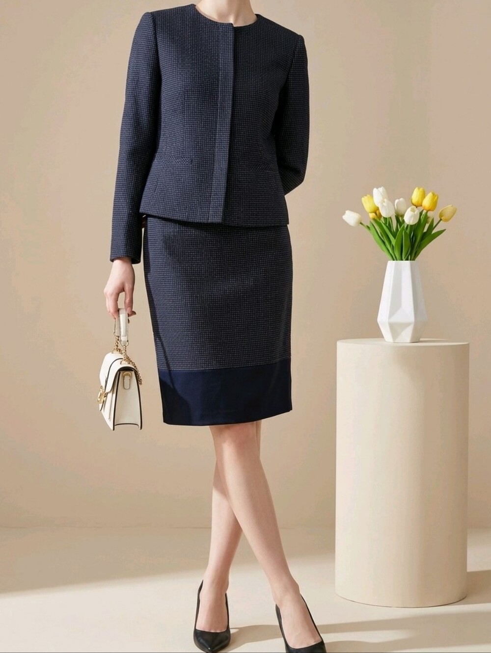 Boss Navy Tweed Pencil Skirt with Hem Panel Size 6